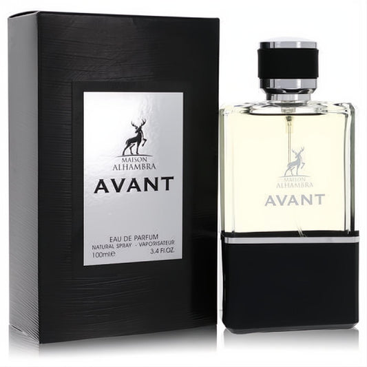 Avant by Maison Alhambra 3.4 oz men's Eau De Parfum. Elegant clear and black bottle with a silver cap, next to its textured black box.