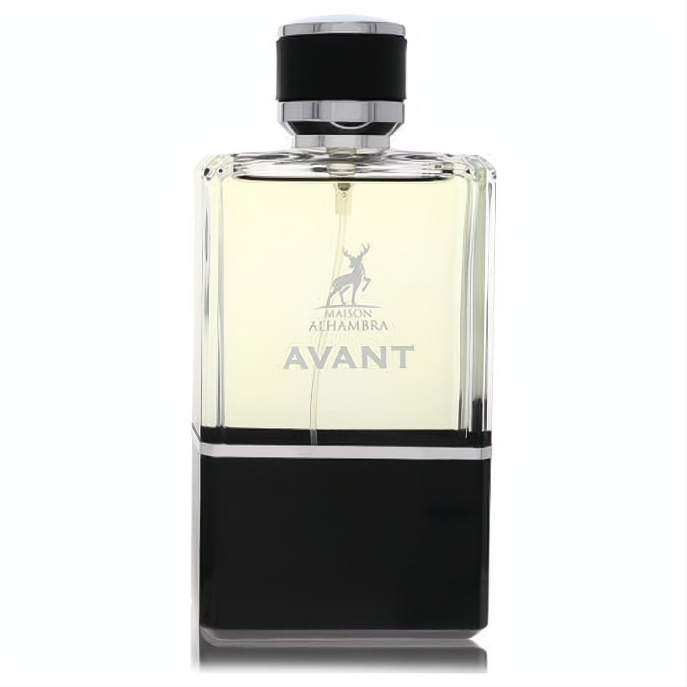 Avant by Maison Alhambra 3.4 oz men's EDP. Elegant clear glass bottle with black base, silver cap, and signature deer logo.