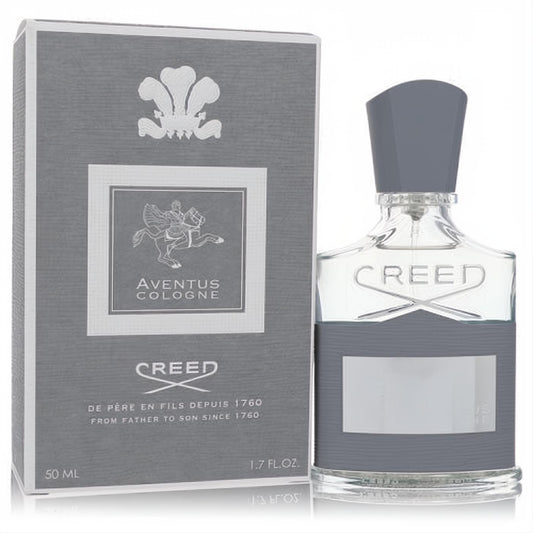 Luxurious Creed Aventus Cologne 1.7 oz men's fragrance. Clear glass bottle with elegant gray cap and matching textured box.