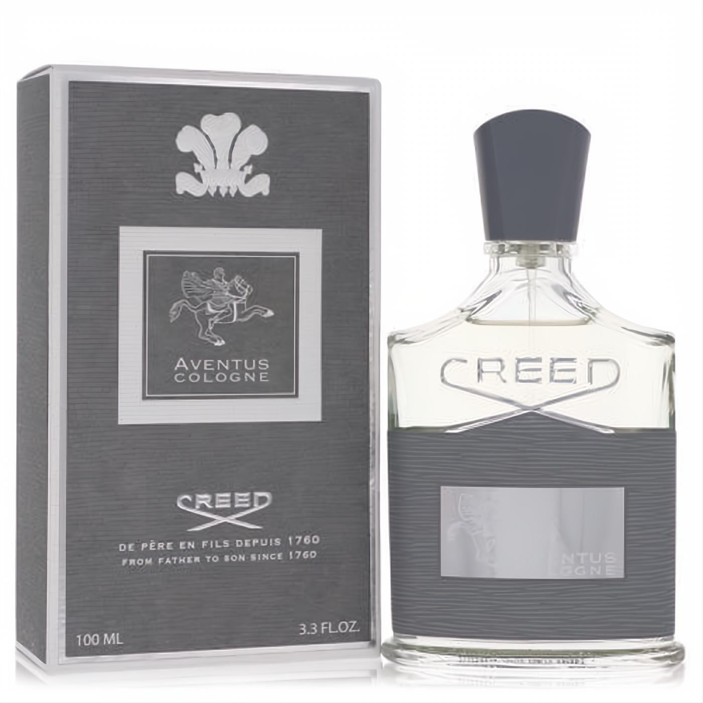 Creed Aventus Cologne 3.3 oz Eau de Parfum spray. Elegant clear bottle, dark gray cap and box with signature horse crest.