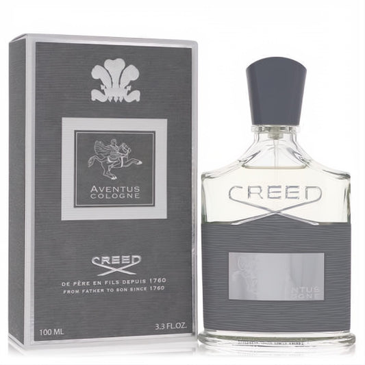 Creed Aventus Cologne 3.3 oz Eau de Parfum spray. Elegant clear bottle, dark gray cap and box with signature horse crest.