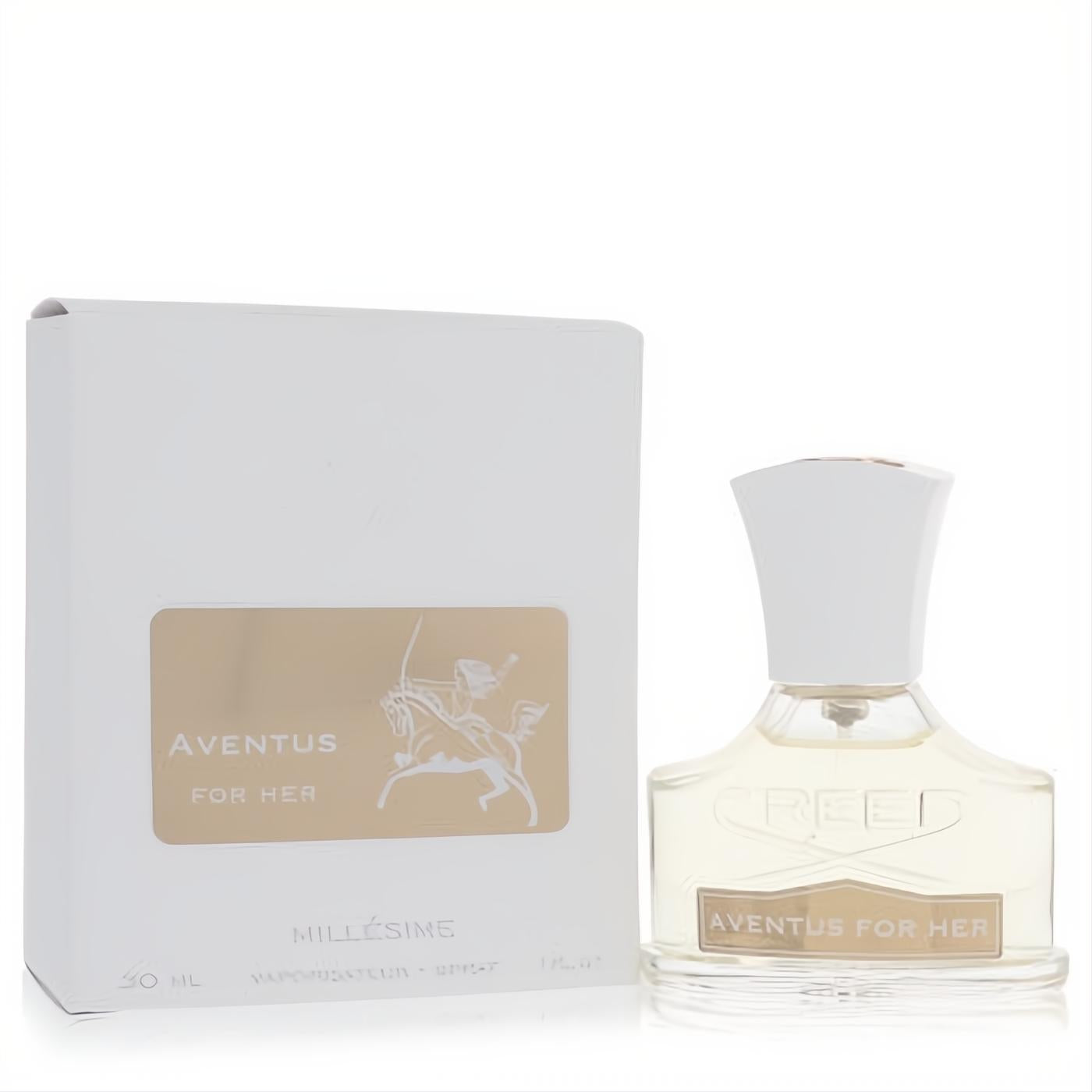 Elevate your senses with Creed Aventus For Her 50 ML EDP. Elegant clear glass bottle, white cap, and matching gold-accented box.