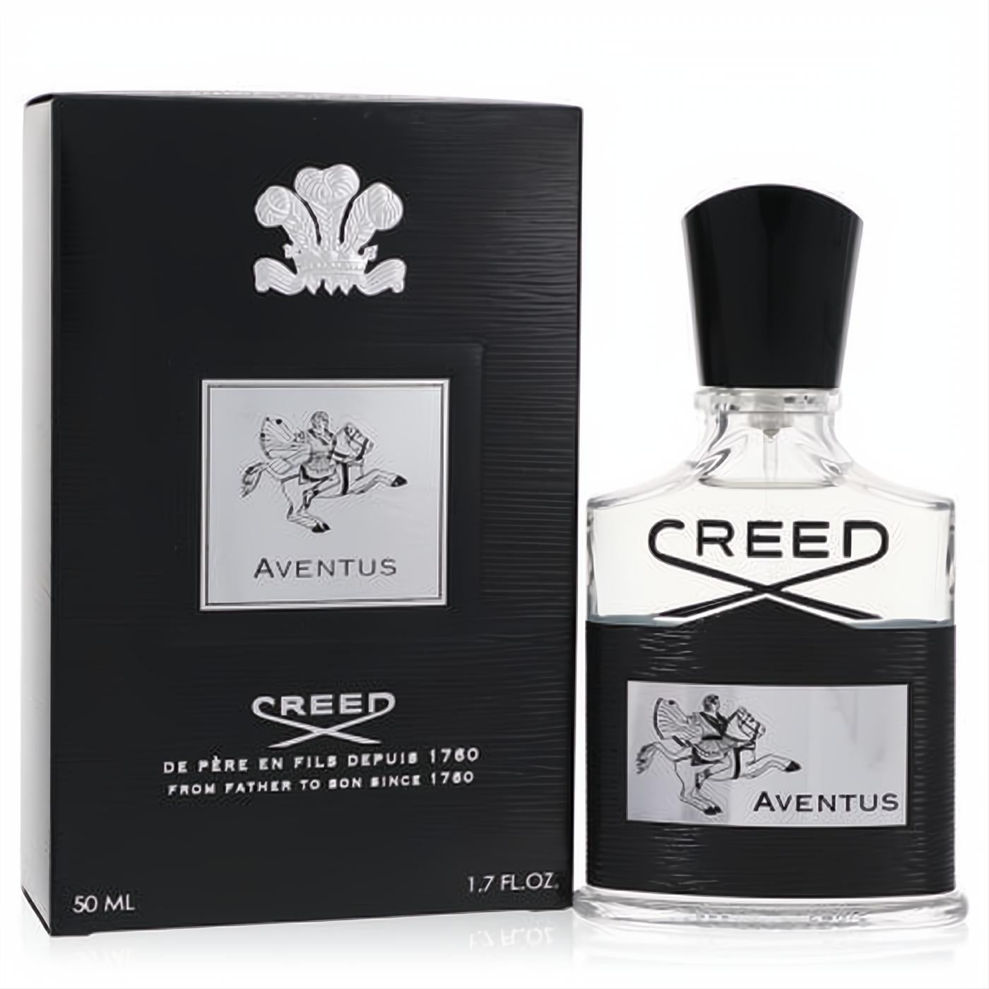 Iconic Creed Aventus 1.7 oz men's cologne. Sleek black box and clear glass bottle with silver rider label and bold black cap.