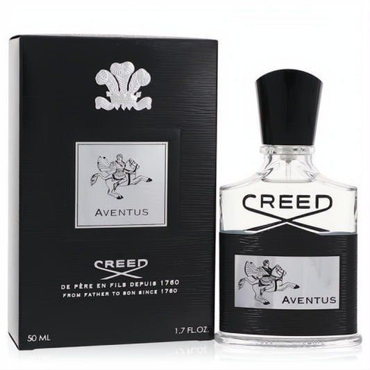 Iconic Creed Aventus 1.7 oz men's cologne. Sleek black box and clear glass bottle with silver rider label and bold black cap.