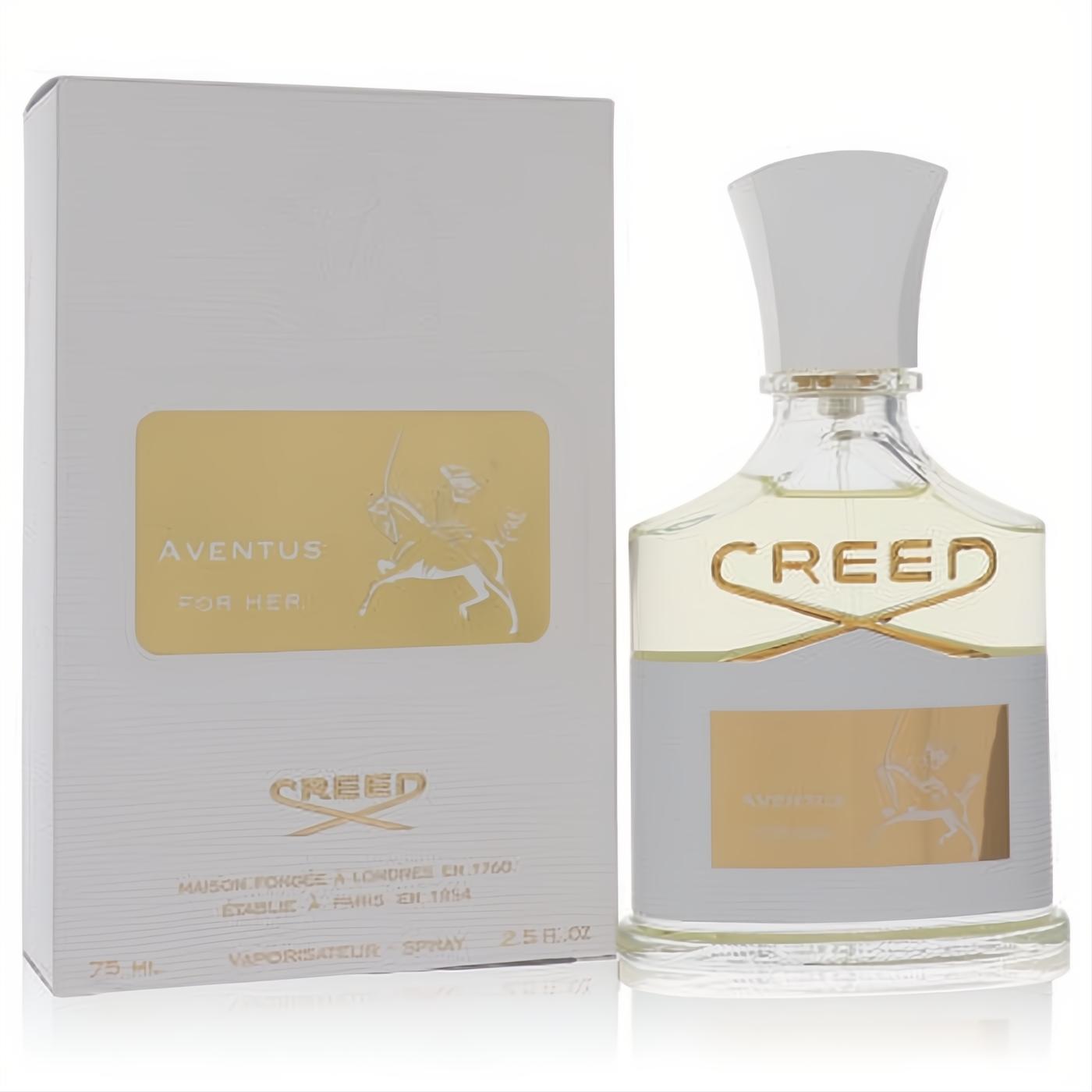 Aventus by Creed 2.5 oz Eau De Parfum for women. Elegant clear glass bottle with gold details, iconic knight logo, and matching white box.