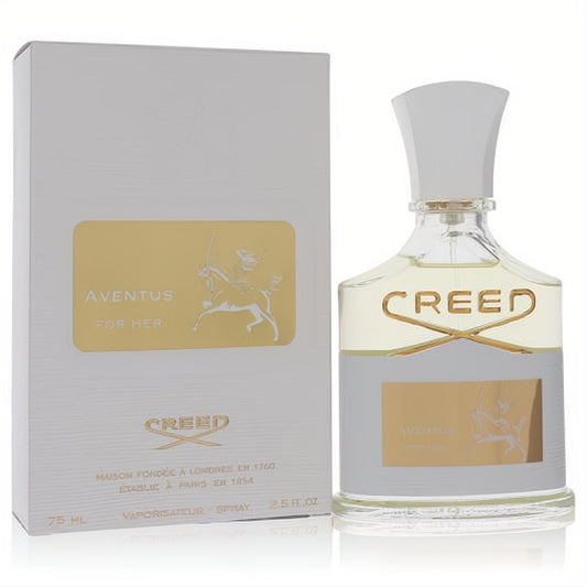 Aventus by Creed 2.5 oz Eau De Parfum for women. Elegant clear glass bottle with gold details, iconic knight logo, and matching white box.