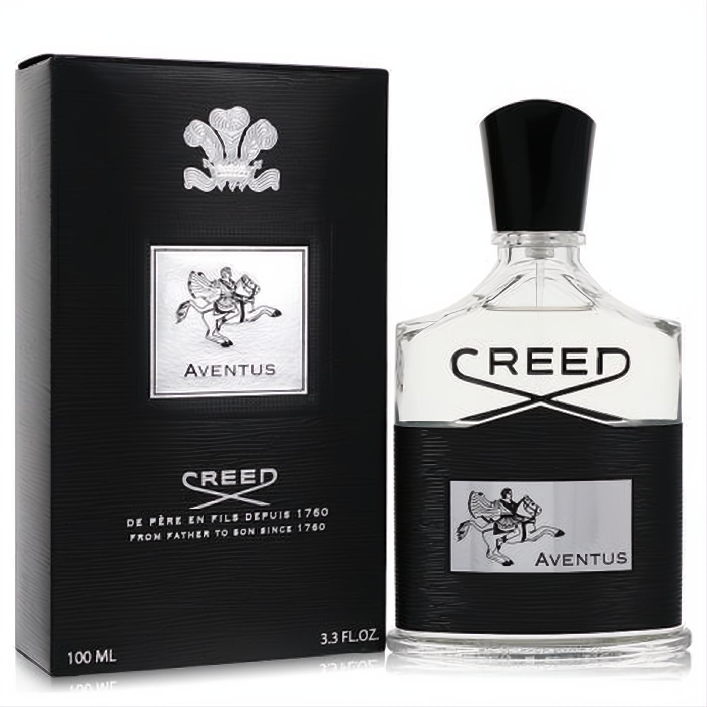 Luxurious Creed Aventus 3.3 oz Eau de Parfum for men. Clear bottle with black textured base, silver horse emblem, and elegant black box.