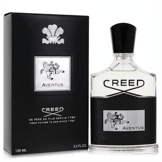 Luxurious Creed Aventus 3.3 oz Eau de Parfum for men. Clear bottle with black textured base, silver horse emblem, and elegant black box.