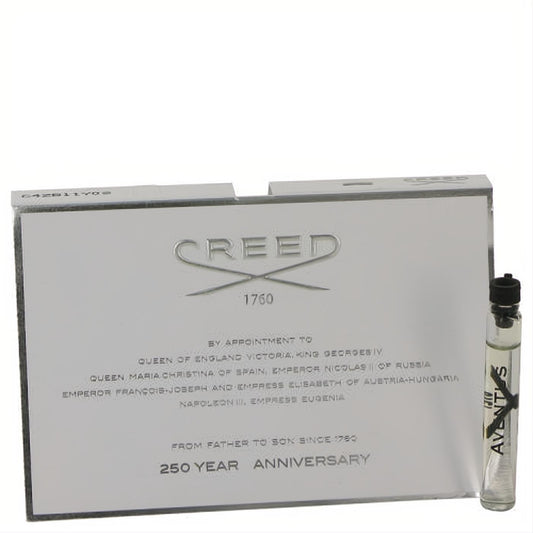 Creed Aventus .05 oz men's fragrance sample vial with black cap, alongside its elegant silver packaging featuring an embossed Creed 1760 logo.