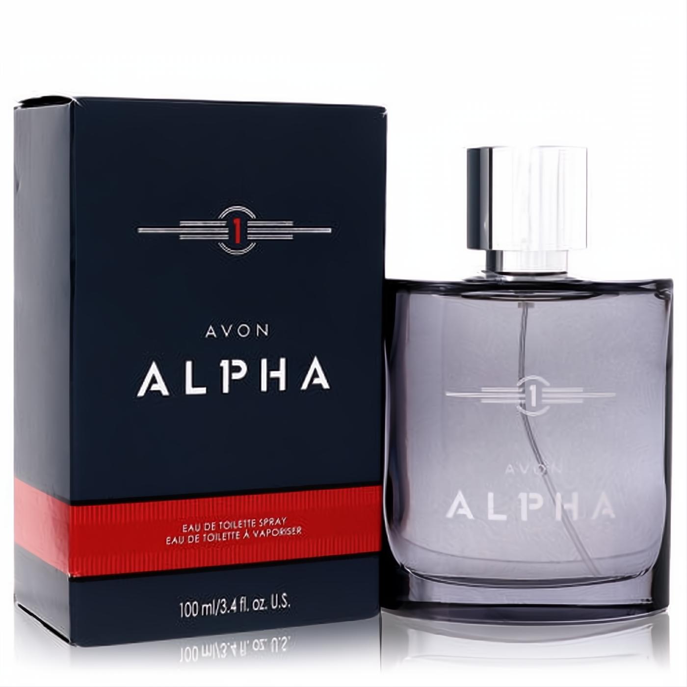 Elevate your style with Avon Alpha men's 3.4 oz Eau de Toilette. Sleek dark grey bottle, silver cap, and modern navy box.