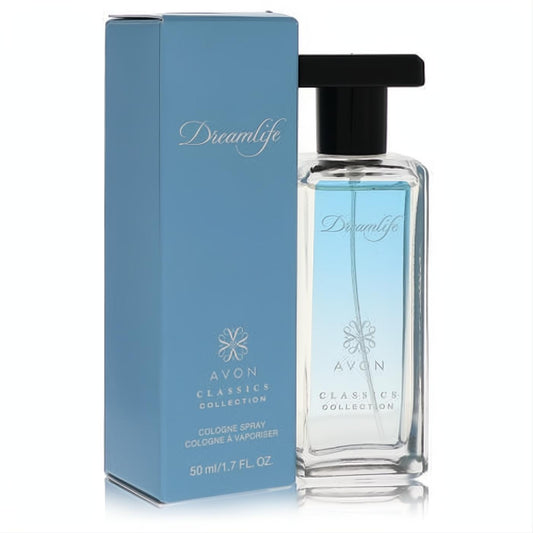 Avon Dreamlife 1.7 oz cologne spray: elegant clear glass bottle with refreshing blue liquid and matching serene blue box.