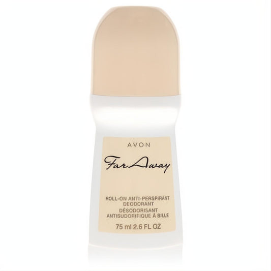 Avon Far Away roll-on deodorant. Sleek white 2.6 oz bottle with a smooth beige cap and signature Far Away label.
