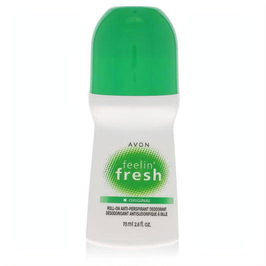 Avon Feelin' Fresh Original 2.6 oz roll-on anti-perspirant deodorant. White bottle, vibrant green cap for confident, lasting freshness.