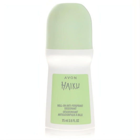 Avon Haiku 2.6 oz roll-on anti-perspirant deodorant. Sleek white bottle with a vibrant light green cap and label.