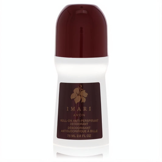 Avon Imari 2.6 oz roll-on deodorant. White bottle, rich burgundy cap, and elegant brown label with a golden hibiscus design.