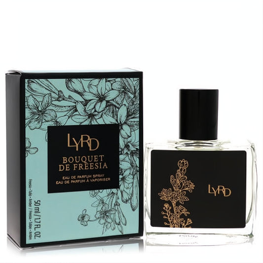 Avon Lyrd Bouquet De Freesia 1.7 oz EDP spray. Clear glass bottle, black cap, elegant gold floral label, and matching teal botanical box.