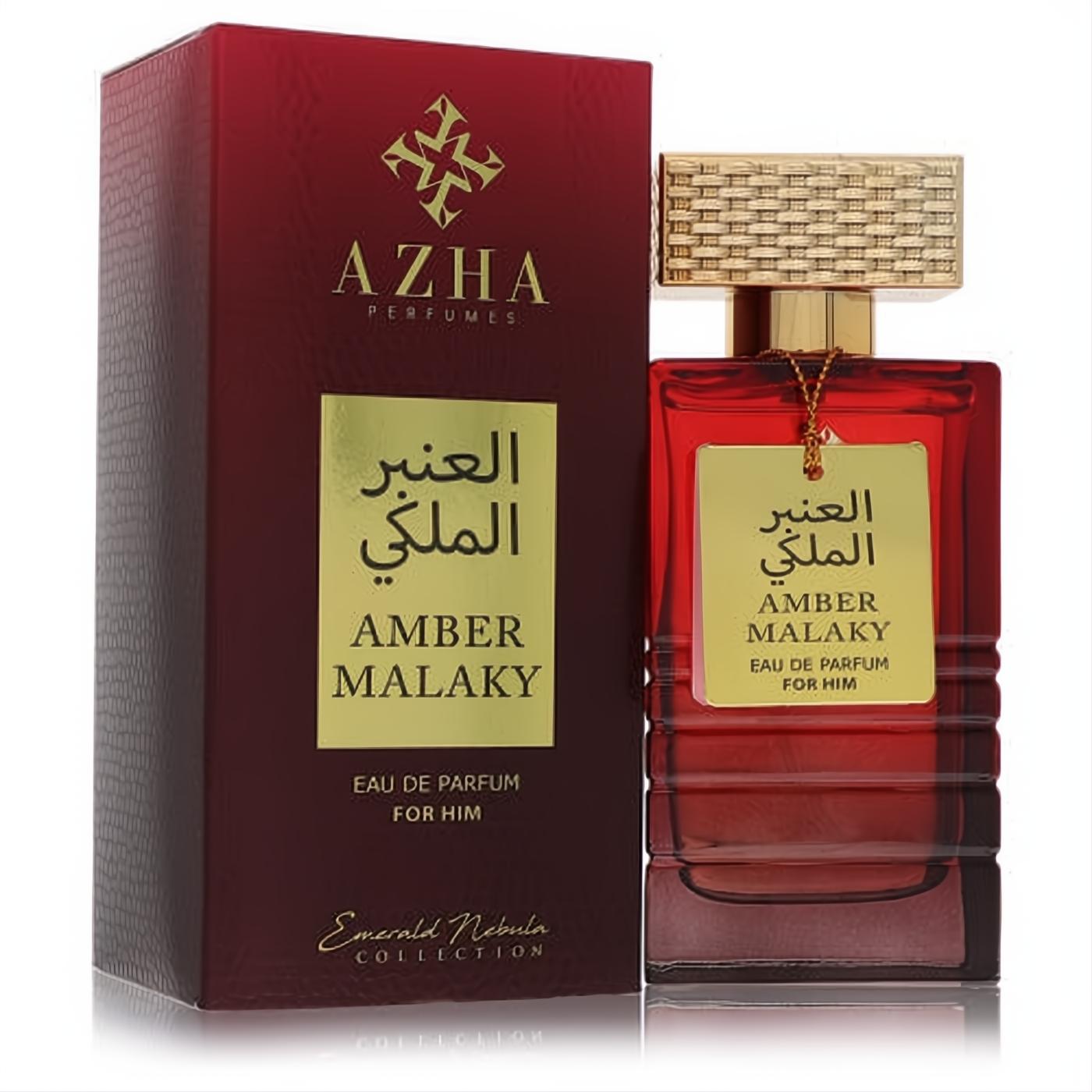 Azha Amber Malaky men's Eau De Parfum. Striking deep red bottle, textured gold cap, and elegant matching box.
