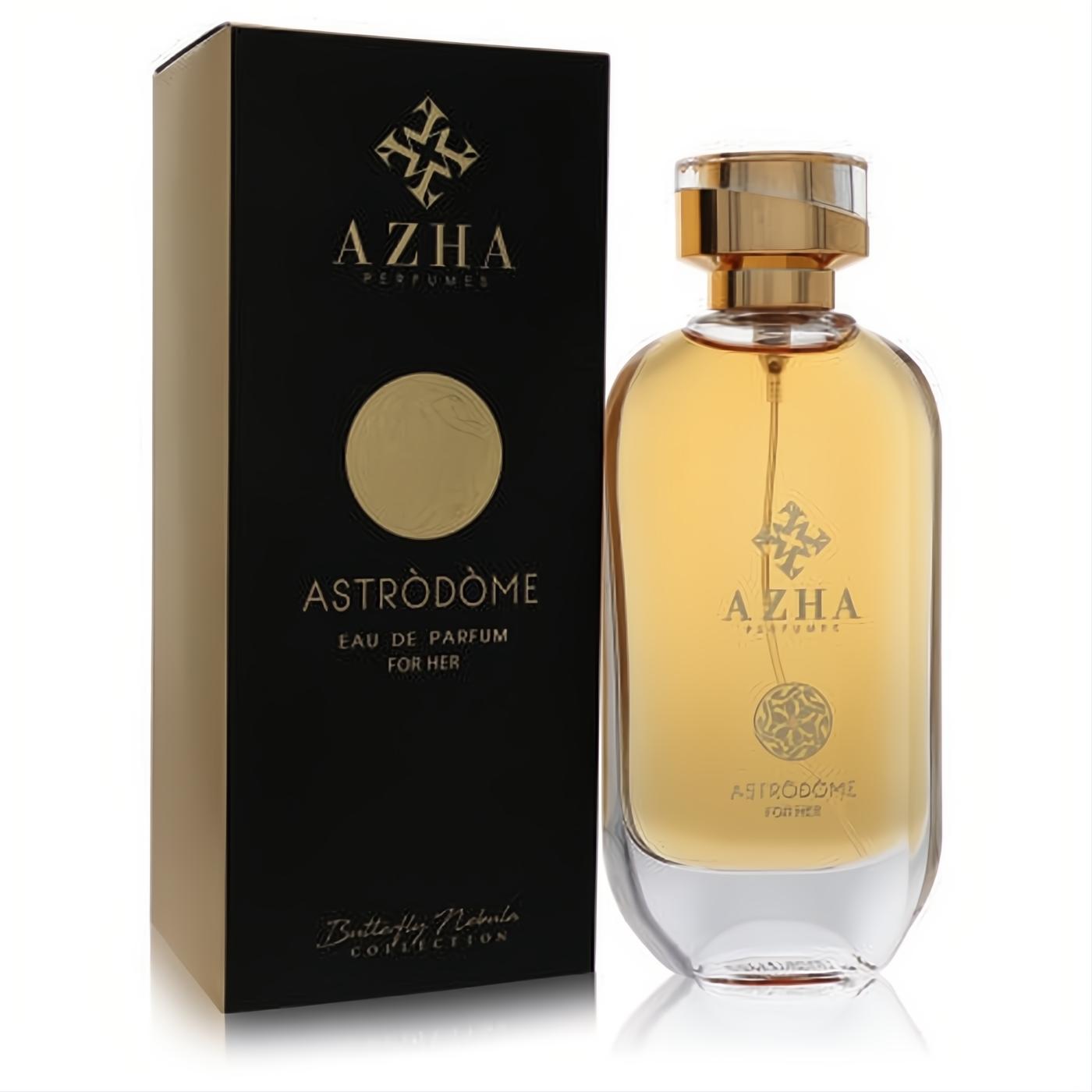 Azha Astrodome 3.3 oz women's EDP. Golden fragrance in a sleek clear bottle with a radiant gold cap and elegant black & gold box.