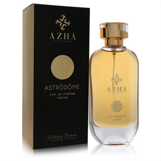 Azha Astrodome 3.3 oz women's EDP. Golden fragrance in a sleek clear bottle with a radiant gold cap and elegant black & gold box.