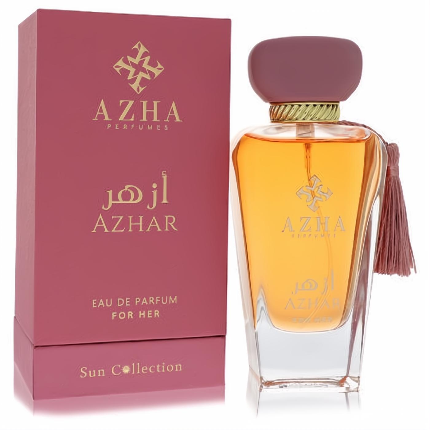 Azha Azhar 3.3 oz women's EDP. Luxurious golden fragrance in a clear bottle with a mauve cap, tassel, and matching box.