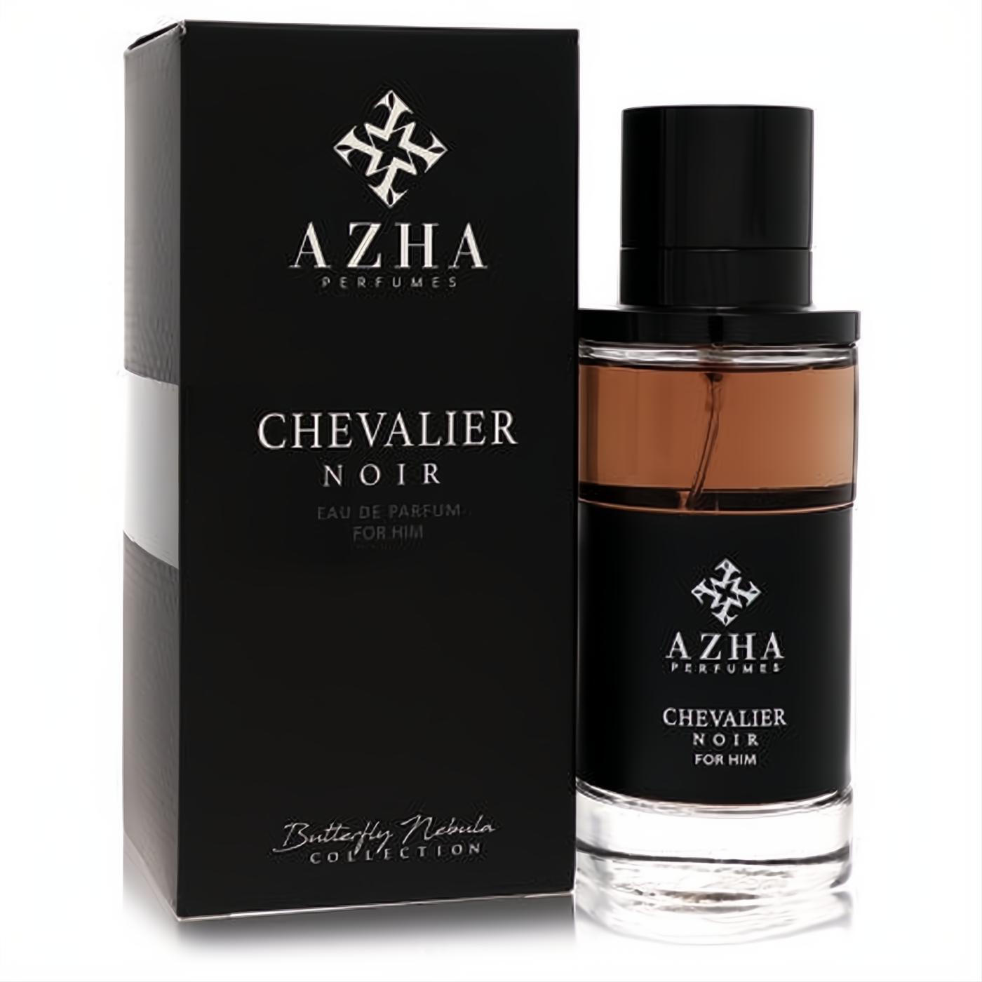 Azha Chevalier Noir 3.3 oz men's Eau De Parfum. Sophisticated black box and sleek glass bottle with warm amber liquid.