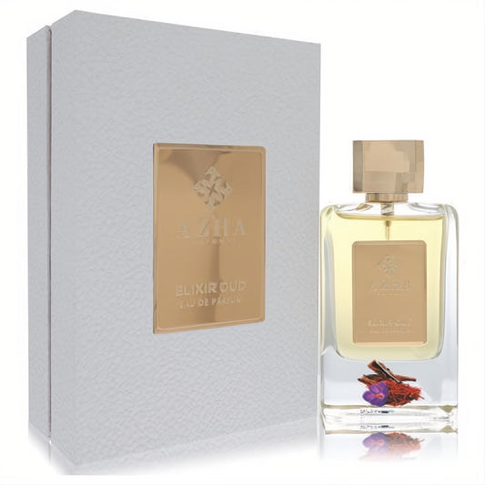 Elegant Azha Elixir Oud 3.3 oz EDP in clear bottle with gold cap, white textured box, and unique saffron infusion.