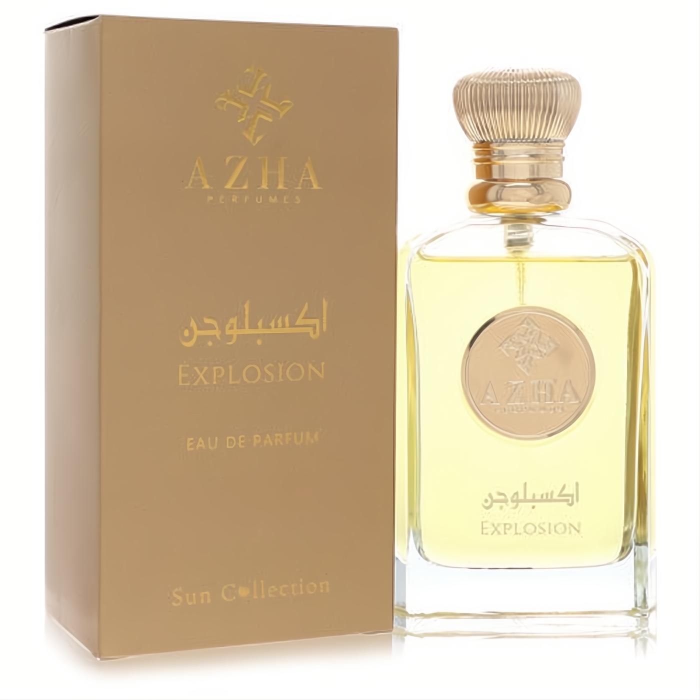 Discover Azha Explosion 3.3 oz EDP. Clear glass bottle with radiant golden liquid, luxurious textured cap, and elegant tan packaging.