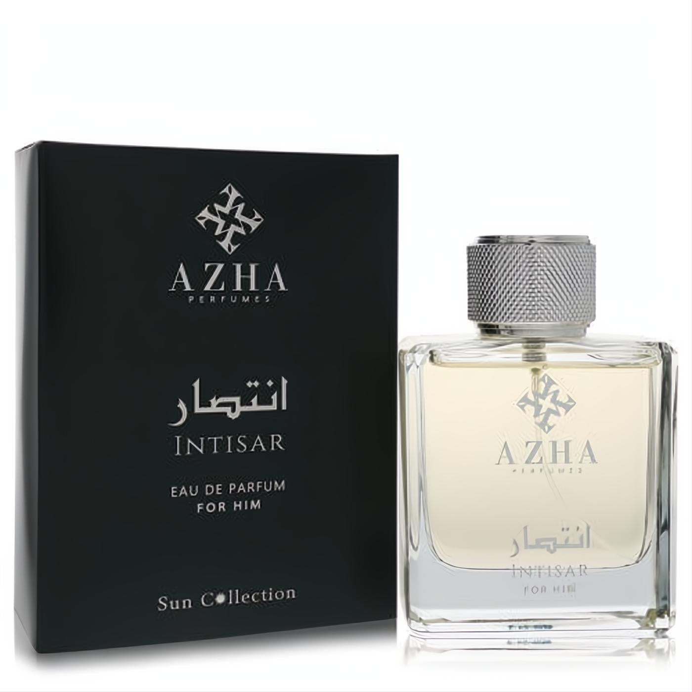 Azha Intisar 3.3 oz men's Eau de Parfum. Clear glass bottle with silver cap, displayed with its sleek black box.