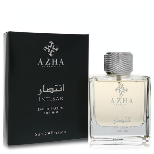 Azha Intisar 3.3 oz men's Eau de Parfum. Clear glass bottle with silver cap, displayed with its sleek black box.