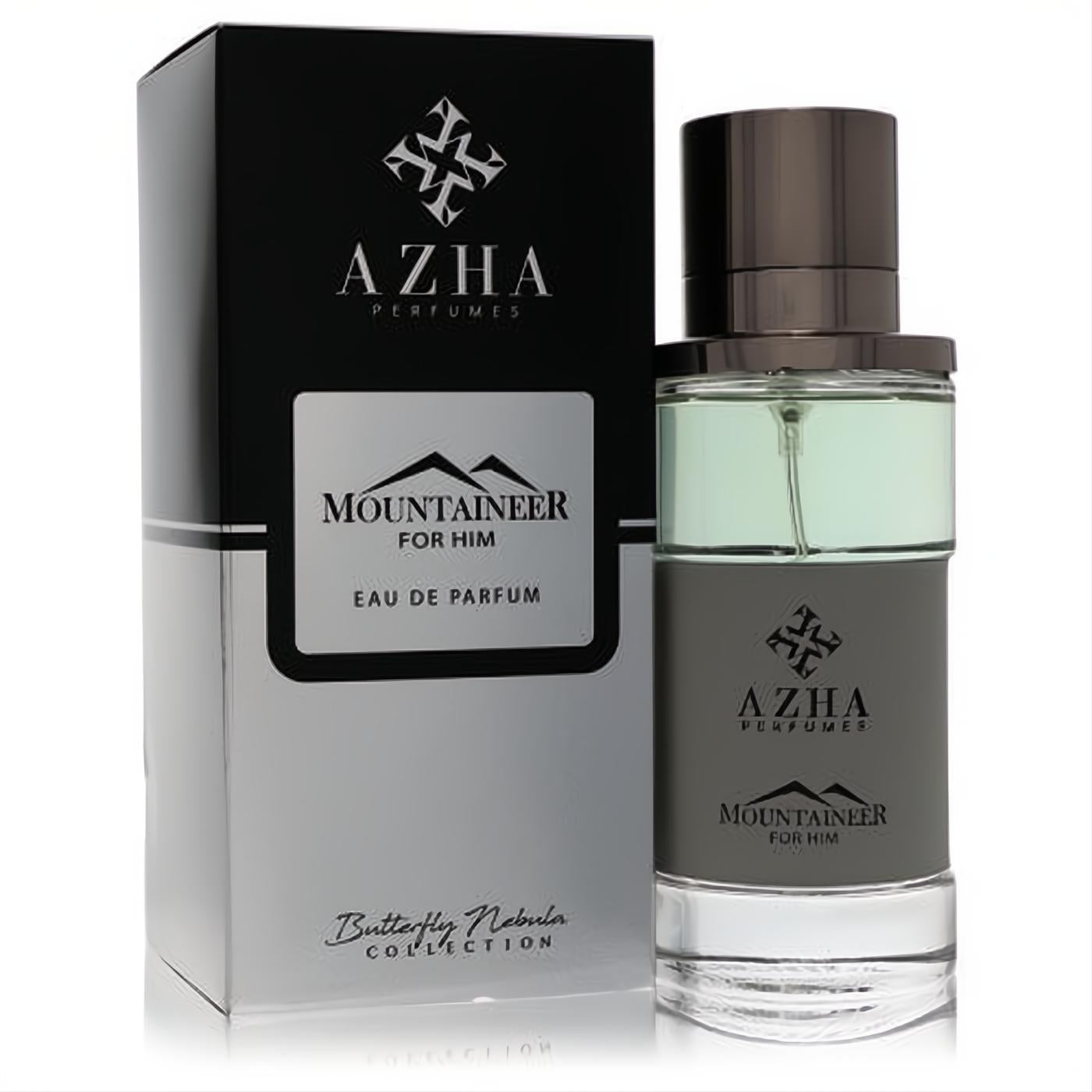 Azha Mountaineer men's EDP, 3.3 oz. Bold black and silver box next to a modern bottle with grey label and refreshing green liquid.