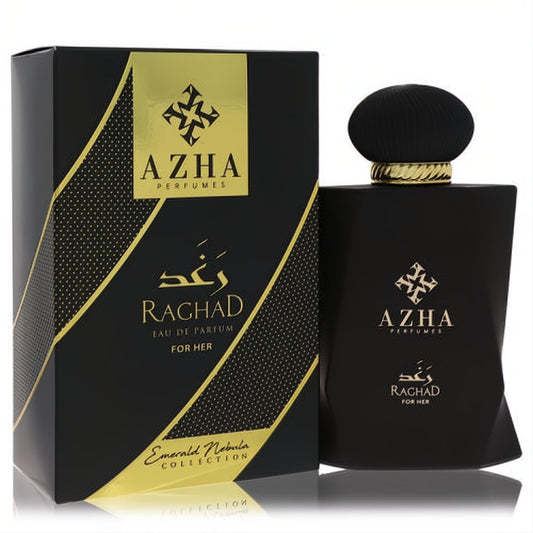Azha Raghad Eau De Parfum for women. Elegant matte black bottle with gold accents and a distinctive textured cap.