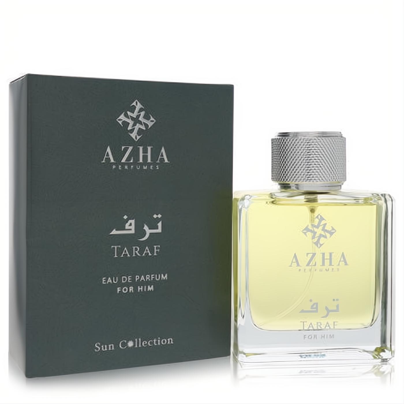 Azha Taraf 3.3 oz men's Eau de Parfum. Clear glass bottle with amber liquid, textured silver cap, and sleek dark grey box.