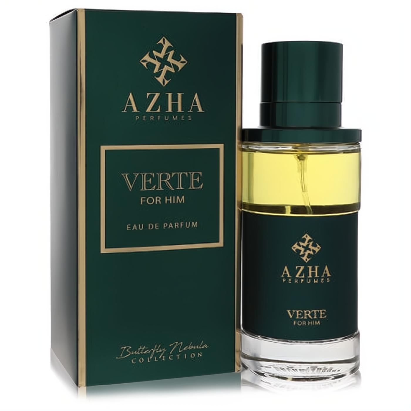 Azha Verte for him. Elegant dark green Eau De Parfum bottle with gold accents, clear top, and matching luxury box.