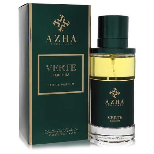 Azha Verte for him. Elegant dark green Eau De Parfum bottle with gold accents, clear top, and matching luxury box.