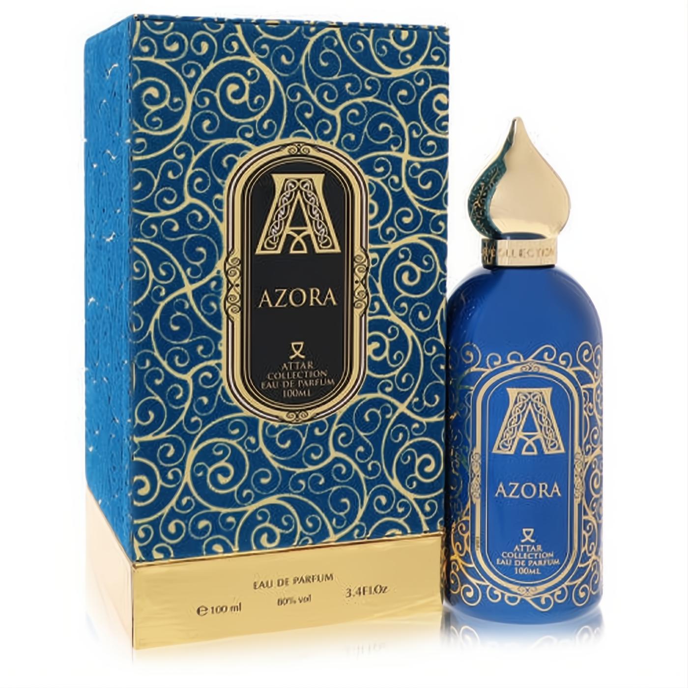 Experience Azora by Attar Collection 3.4 oz unisex EDP. Rich royal blue bottle & box with stunning gold Arabian scrollwork.
