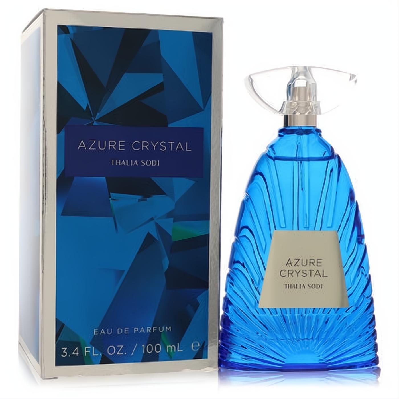 Thalia Sodi Azure Crystal 3.4 oz EDP. Captivating blue faceted glass bottle with unique clear cap, beside its matching geometric box.