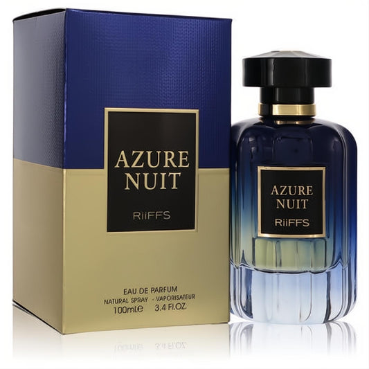 Riiffs Azure Nuit 3.4 oz Eau De Parfum. Elegant blue gradient glass bottle with black cap, displayed with its matching blue and gold box.
