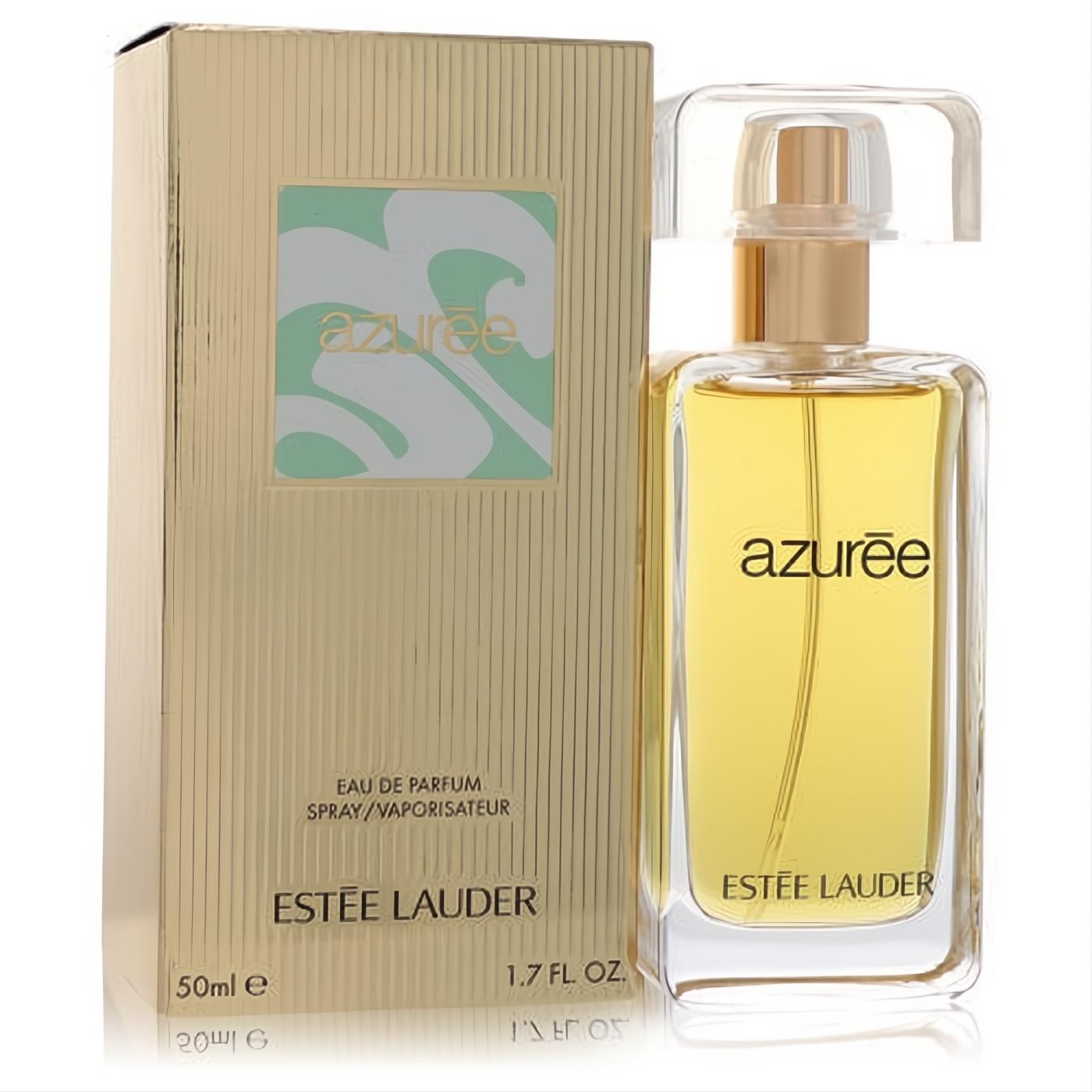 Luxurious Azuree by Estee Lauder 1.7 oz Eau De Parfum. Golden ribbed box and clear glass bottle with radiant golden liquid, elegant gold cap.