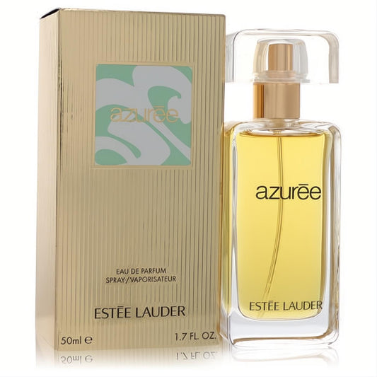 Luxurious Azuree by Estee Lauder 1.7 oz Eau De Parfum. Golden ribbed box and clear glass bottle with radiant golden liquid, elegant gold cap.