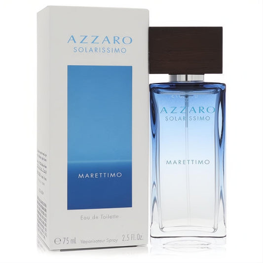 Azzaro Solarissimo Marettimo 2.5 oz men's EDT. Sleek blue gradient glass bottle with a dark wood cap, displayed with its matching white box.