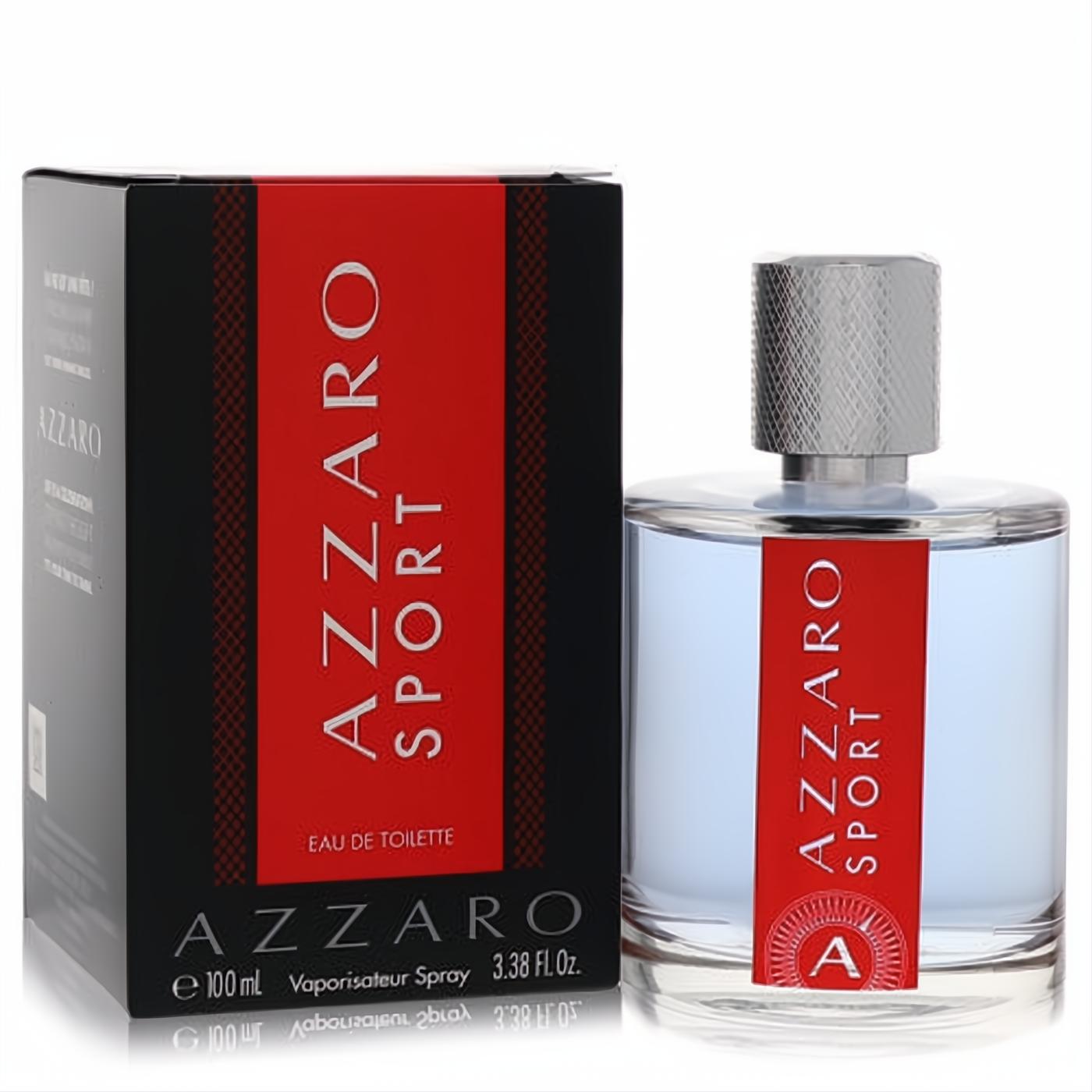 Azzaro Sport 100ml Eau De Toilette: clear glass bottle with light blue fragrance, silver cap, bold red label, and matching black box.
