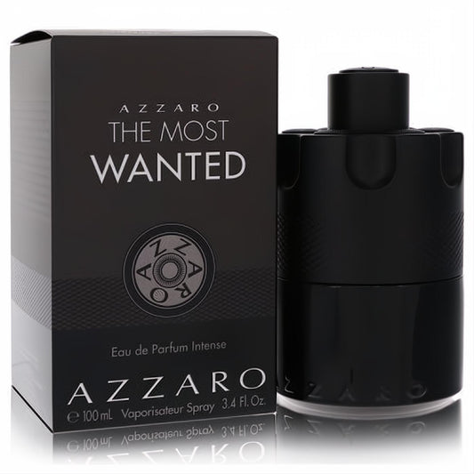 Azzaro The Most Wanted 3.4 oz Eau De Parfum Intense. Sleek black bottle, ribbed top, with its elegant black box.