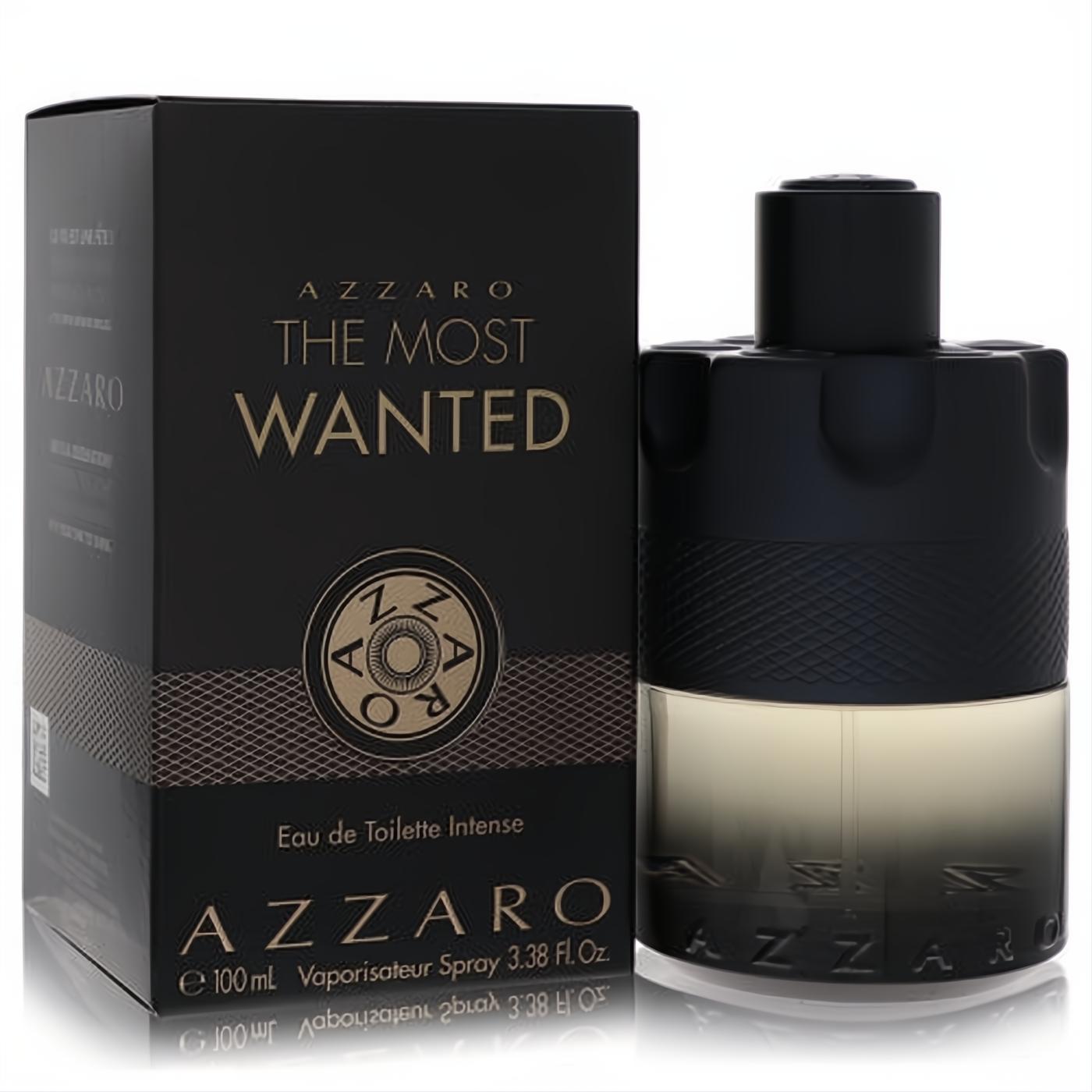 Azzaro The Most Wanted Eau De Toilette Intense 100ml spray. Sleek black box, gold text, and a distinctive bullet bottle.