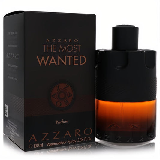 Azzaro The Most Wanted men's 3.4 oz parfum spray. Striking black and amber bottle with textured design and sleek matte black box.