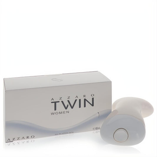 Azzaro Twin Women 2.7 oz Eau De Toilette. Elegant white box and sleek, modern white spray bottle for a captivating fragrance.