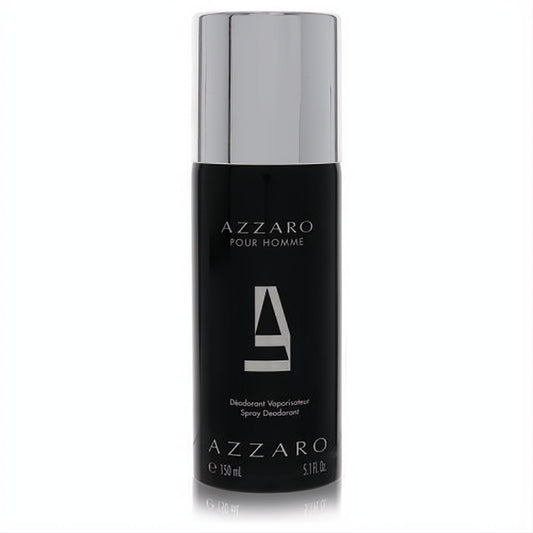 Azzaro Pour Homme 150ml black deodorant spray, a sleek can with a reflective silver cap, for a refreshing masculine scent.