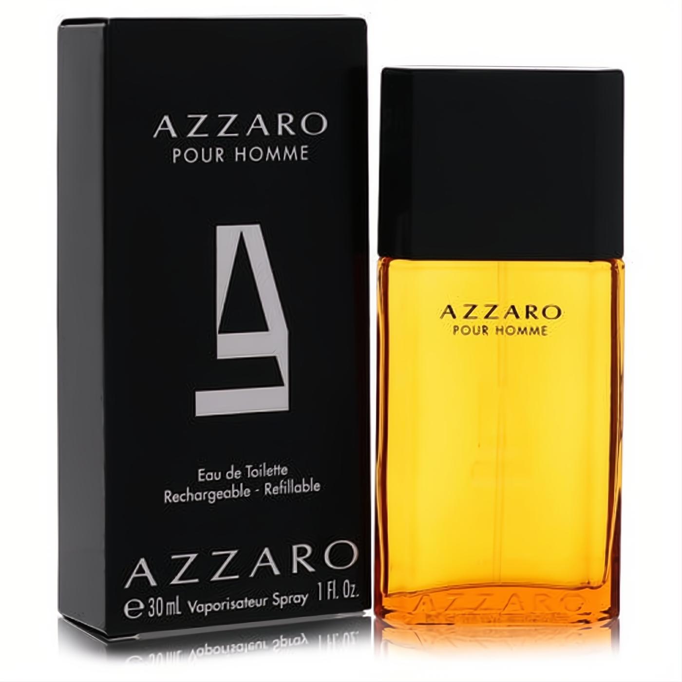 Azzaro Pour Homme 1 oz Eau de Toilette spray, a masculine amber fragrance in a sleek bottle with black cap, beside its elegant black box.