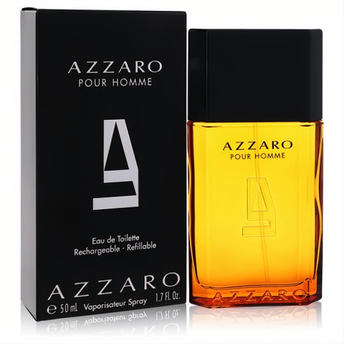 Azzaro Pour Homme 1.7 oz men's EDT spray. Bold amber fragrance in a sleek, refillable glass bottle with a black cap and matching box.
