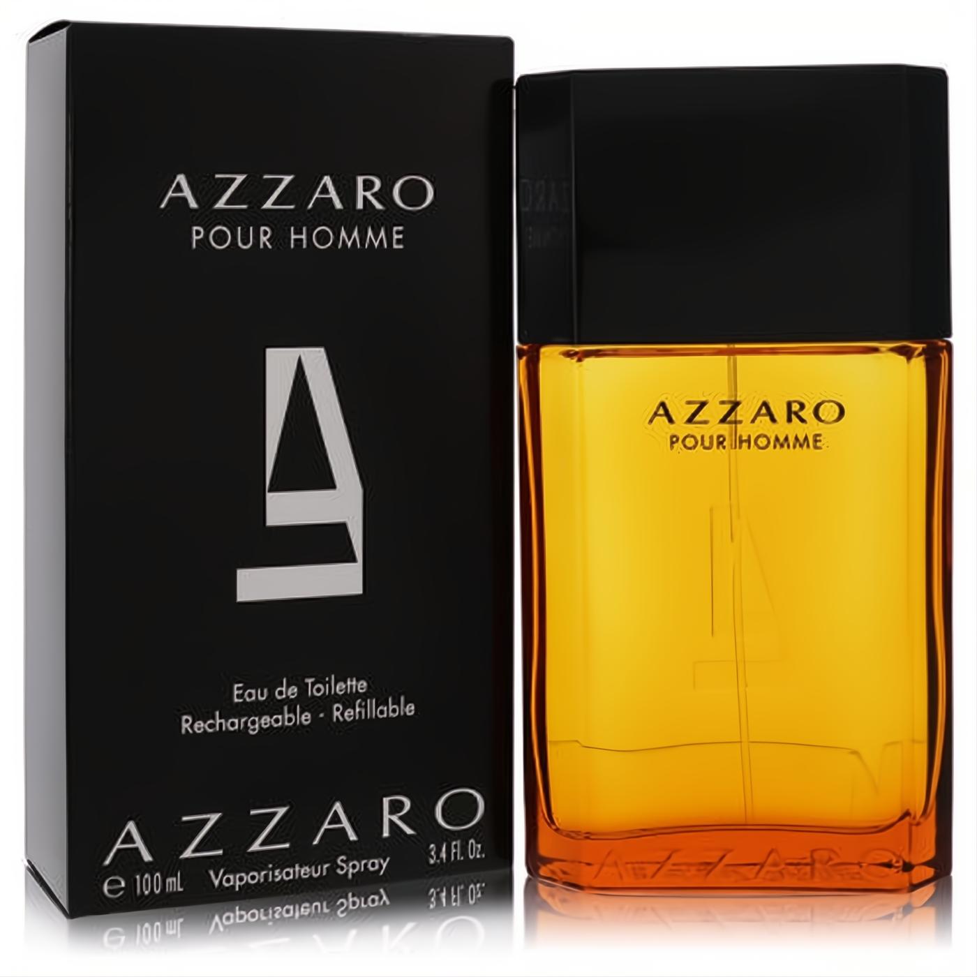 Azzaro Pour Homme 3.4 oz EDT. Masculine amber fragrance in a sleek glass bottle with black cap, next to its elegant black box.
