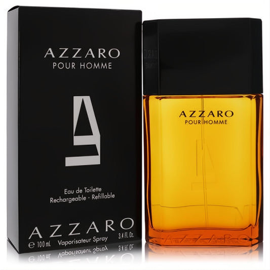 Azzaro Pour Homme 3.4 oz EDT. Masculine amber fragrance in a sleek glass bottle with black cap, next to its elegant black box.